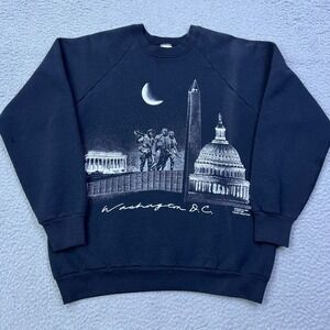 VTG 1992 Washington DC Sweatshirt Mens L Black AOP Monuments USA Made Pullover**
